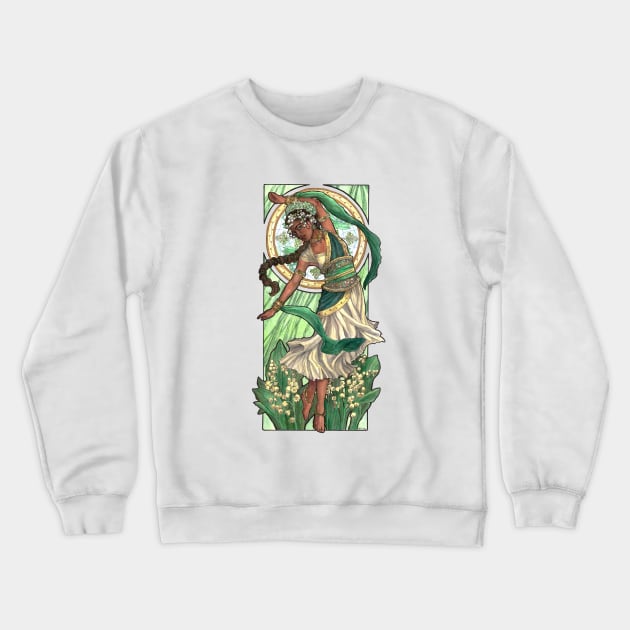 Lady of May with Lily of the Valley and Emerald Dancing Goddess Maiden Mucha Inspired Birthstone Series Crewneck Sweatshirt by angelasasser